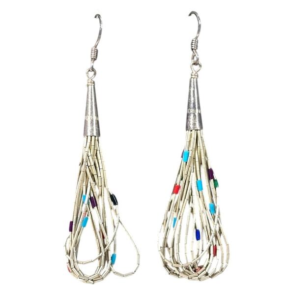 Multi loop strand Liquid Sterling Silver Multiple Gemstones Dangle Earrings - Picture 1 of 10